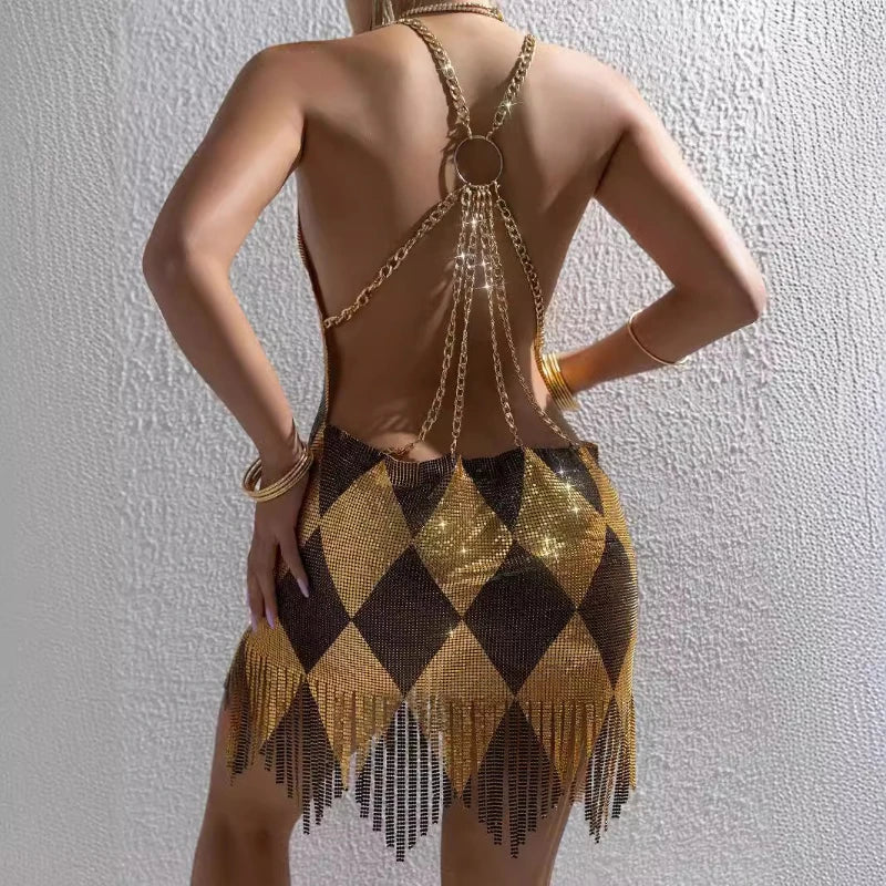 Dress for Women Shiny Geometric Pattern Metallic Sequins Sexy Backless Halter Neck Tassel Mini Dress Rave Party Club Dresses