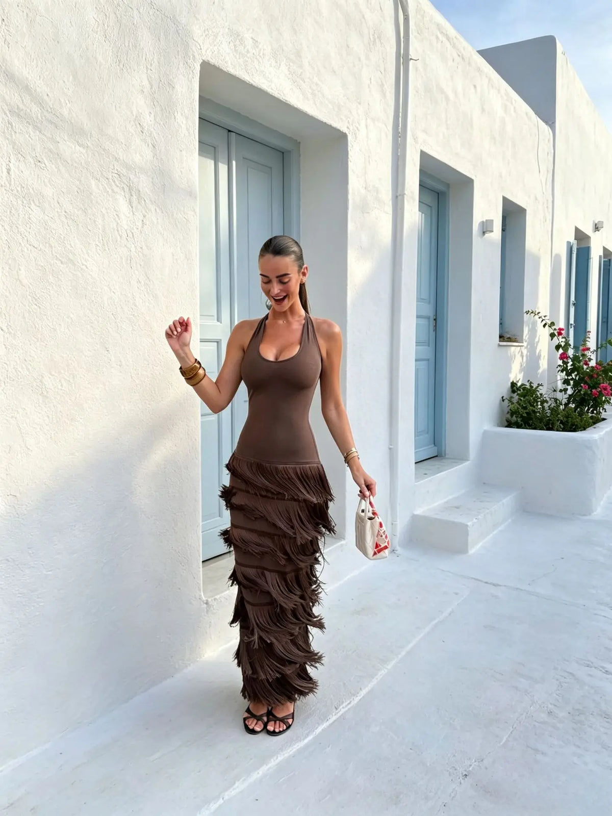 Sexy Tassel Patchwork Slim Fit Halter Neck Dress Women's Sleeveless Backless Bodycon Dresses 2026 Summer Vacation Party Vestidos