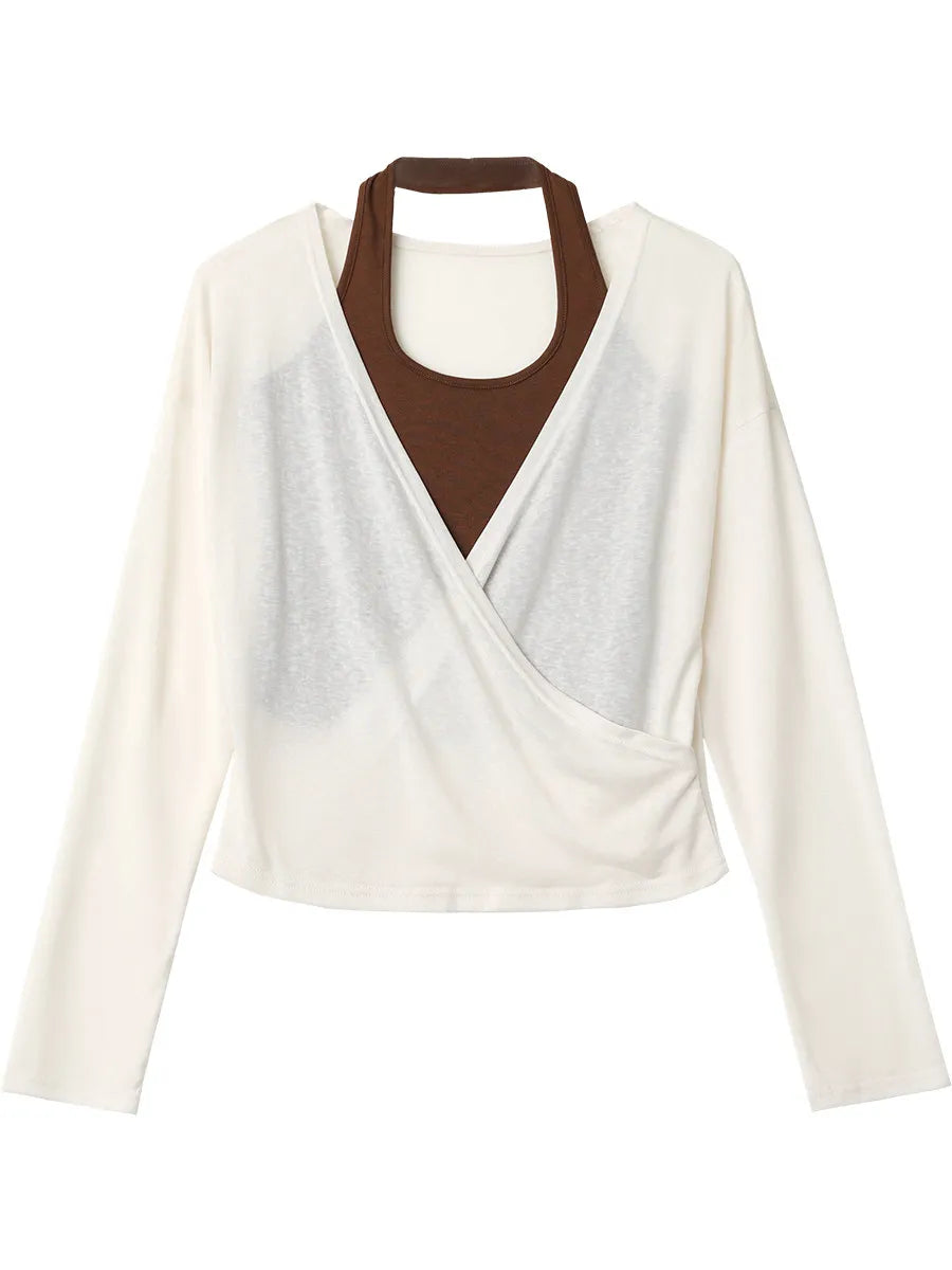 CHIC VEN New Women T-Shirts Cross V-neck Two-piece Contrast-color Halter Vest Lady Long-sleeved Top Pullover Spring Autumn 2026