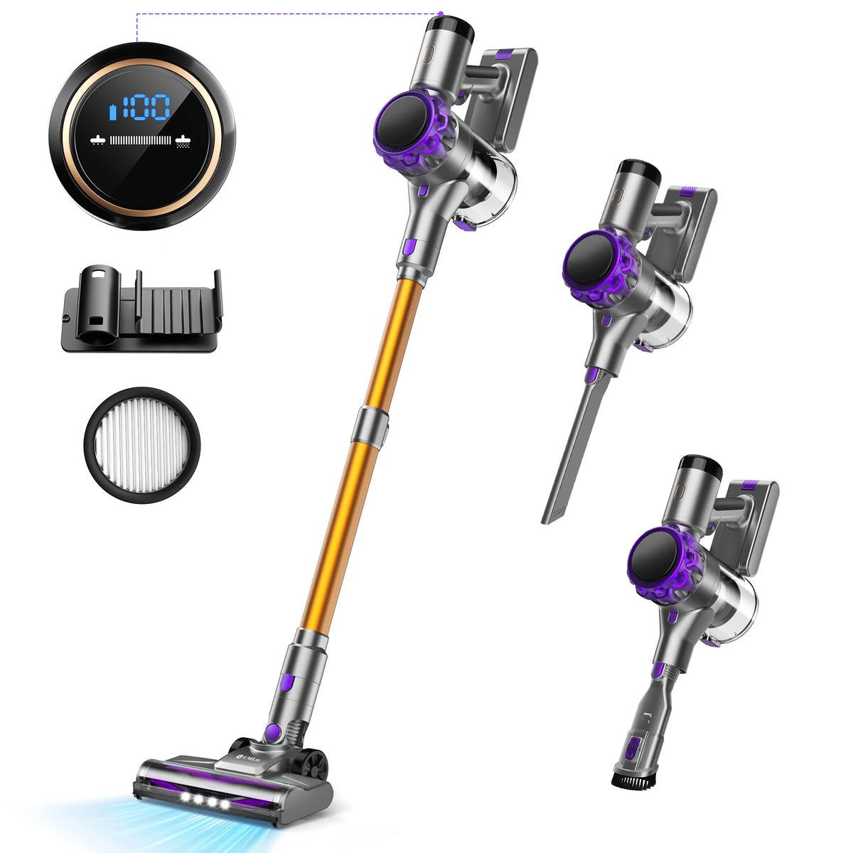 YISORA Cordless Vacuum Cleaner, 40Kpa 55Mins Running Time Wireless Vacuum Cleaner with Touchscreen for Pet Hair, Carpet