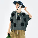 Tops 2025imakokoni summer original design literary flocking applique drape large version T-shirt 255180