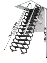 12 Steps Ceiling Mounted Attic Ladder Height Adjustable with Handrails 660LBS Steel Lift Staircase for Garages Roofs Basements ﻿