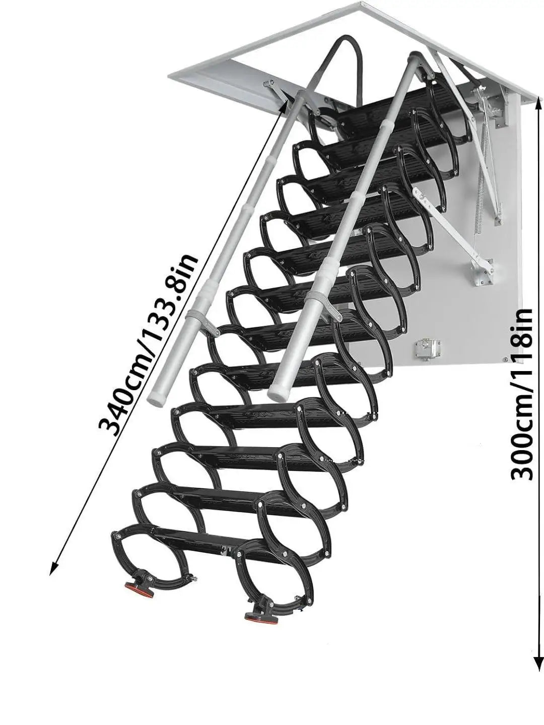 12 Steps Ceiling Mounted Attic Ladder Height Adjustable with Handrails 660LBS Steel Lift Staircase for Garages Roofs Basements ﻿