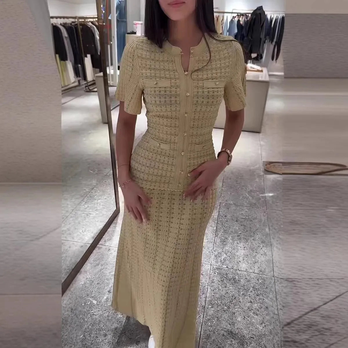 2026 Spring French Fashion Slim Office Women Knitted A-line Dress