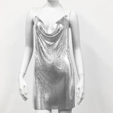 2024 Sexy Clubwear Backless Sequin Short Dress For Women Cocktail Metalic Split Mesh Harness Body Chain Club Low Cut Mini Dress