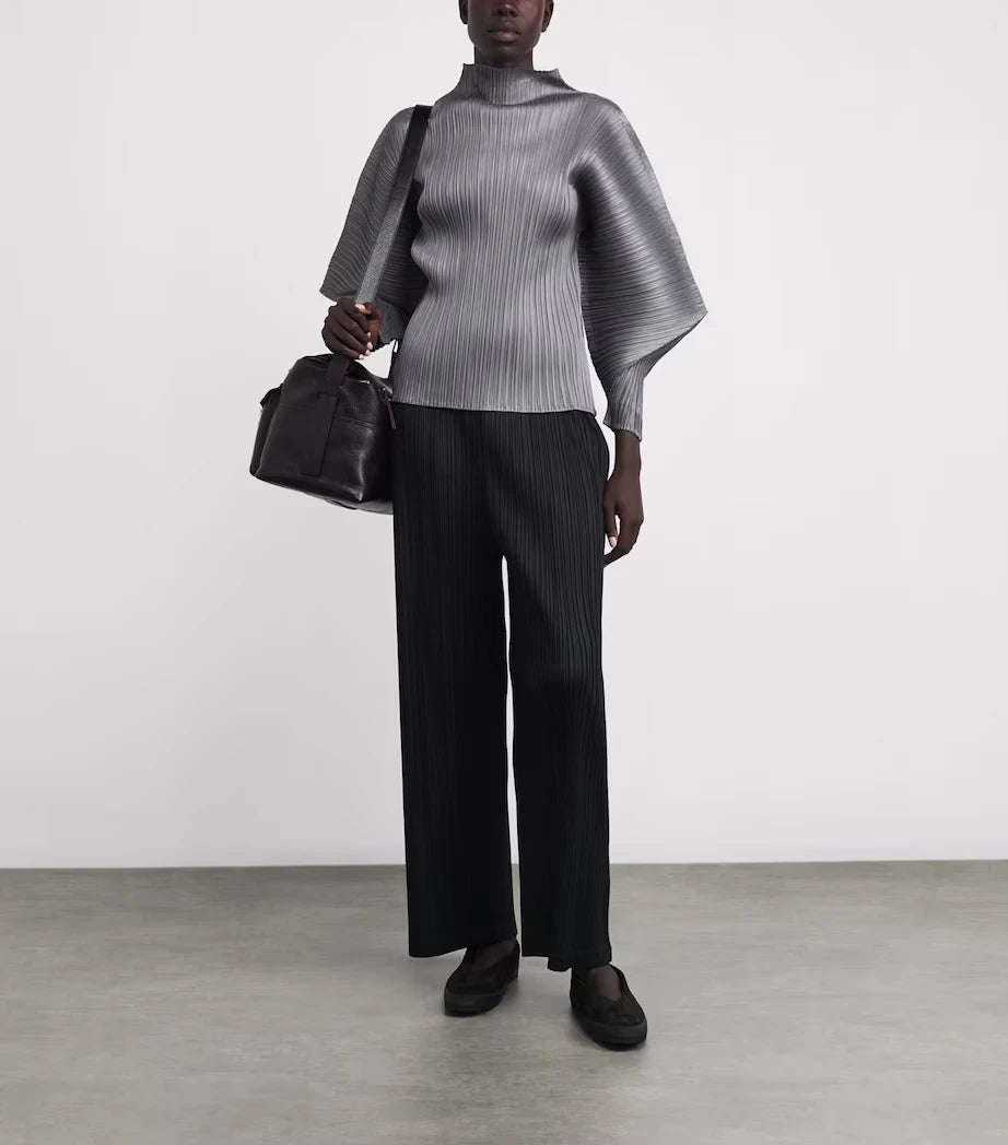 Miyake Pleated Skyline High-neck Long Dolman Sleeves Top