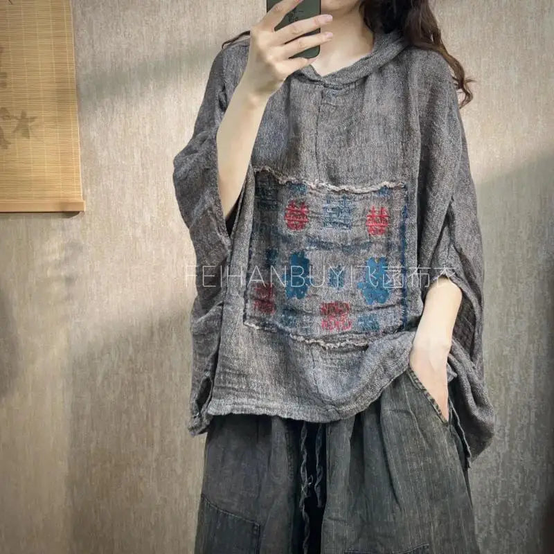 New Arrival Summer Arts Style Women Batwing Sleeve Loose Tops Tees Vintage Embroidery Cotton Linen Hooded T-shirt High Quality