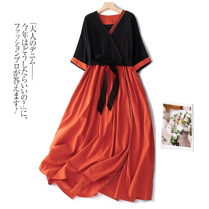 2024 New Arrival V-neck Patchwork Vintage Loose Summer Dress Bow Belt Slim Office Lady Work Dress Fashion Women Casual Dress