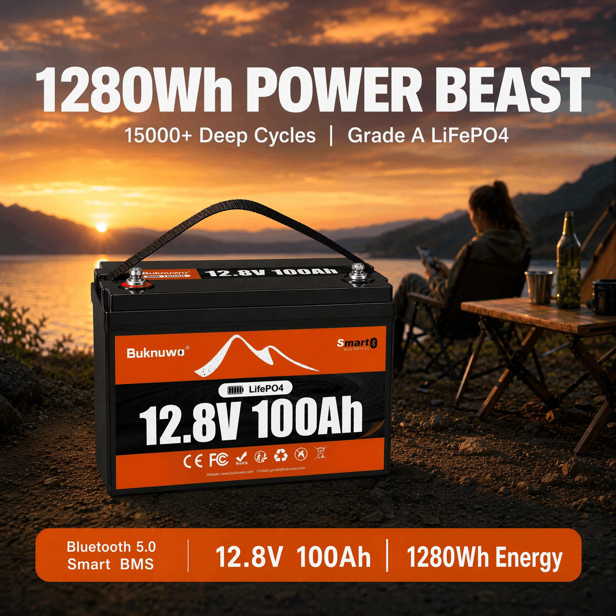 BUKNUWO 12V 100Ah Bluetooth LiFePO4 Lithium Battery, Smart 1280Wh Grade A Cells Battery For RV Boat Solar System