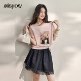 MISHOW Pink Short Sleeved T-Shirt Women's Oil Painting Print 2026 Summer Loose Tee Flower Applique Casual Design Top MXF27T1671