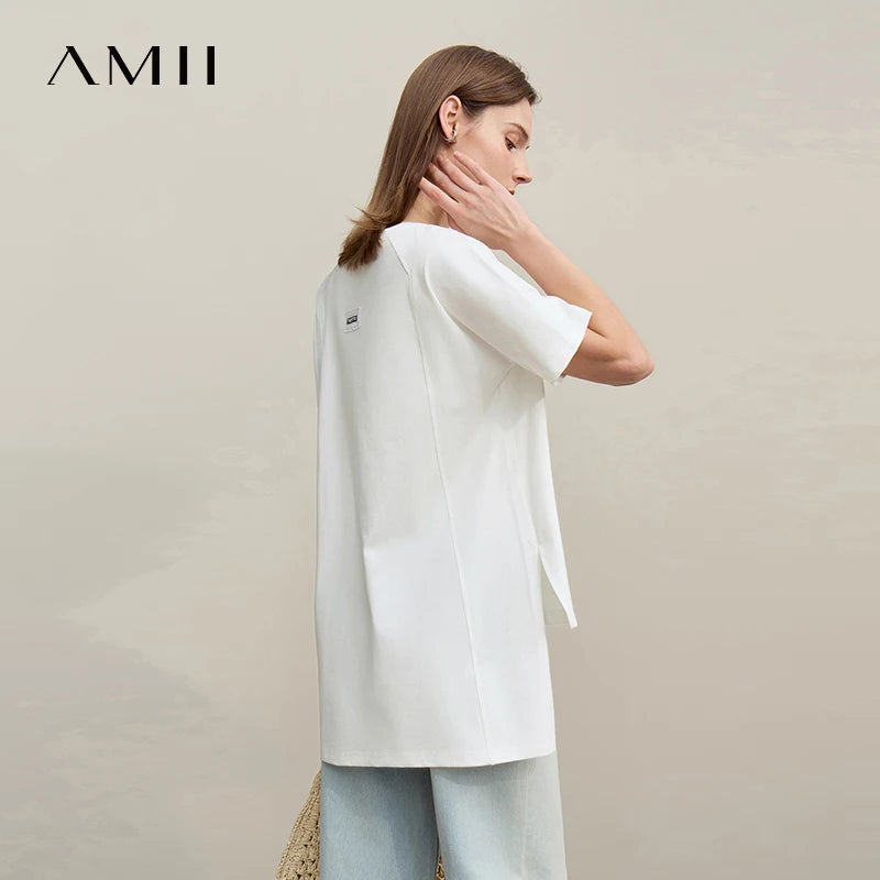 Amii T-shirt Women 2026 Summer New O-Neck Side Slit Cotton Tee Embroidered Letter Lace Accent Women's Short Sleeve Tee 12652029