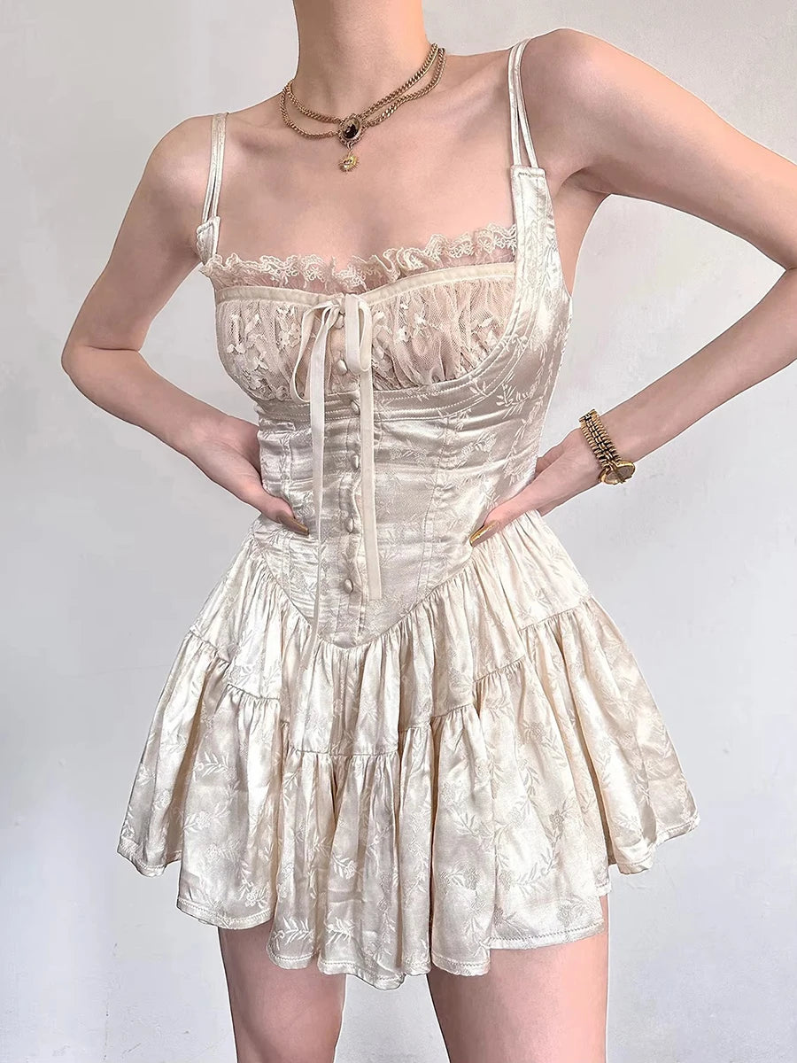 REDDACHiC Medieval Retro Satin Mini Dress & Lace Shorts Coquette Floral Corset Camisole Rompers Date Party Summer Women Clothes