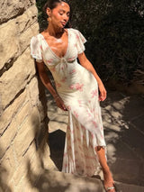 Flutter Sleeves Pleated Long Dress Women Chic Deep V-neck Floral Print Sexy Waist Cinching Vestidos Lady Holiday Street Dresses