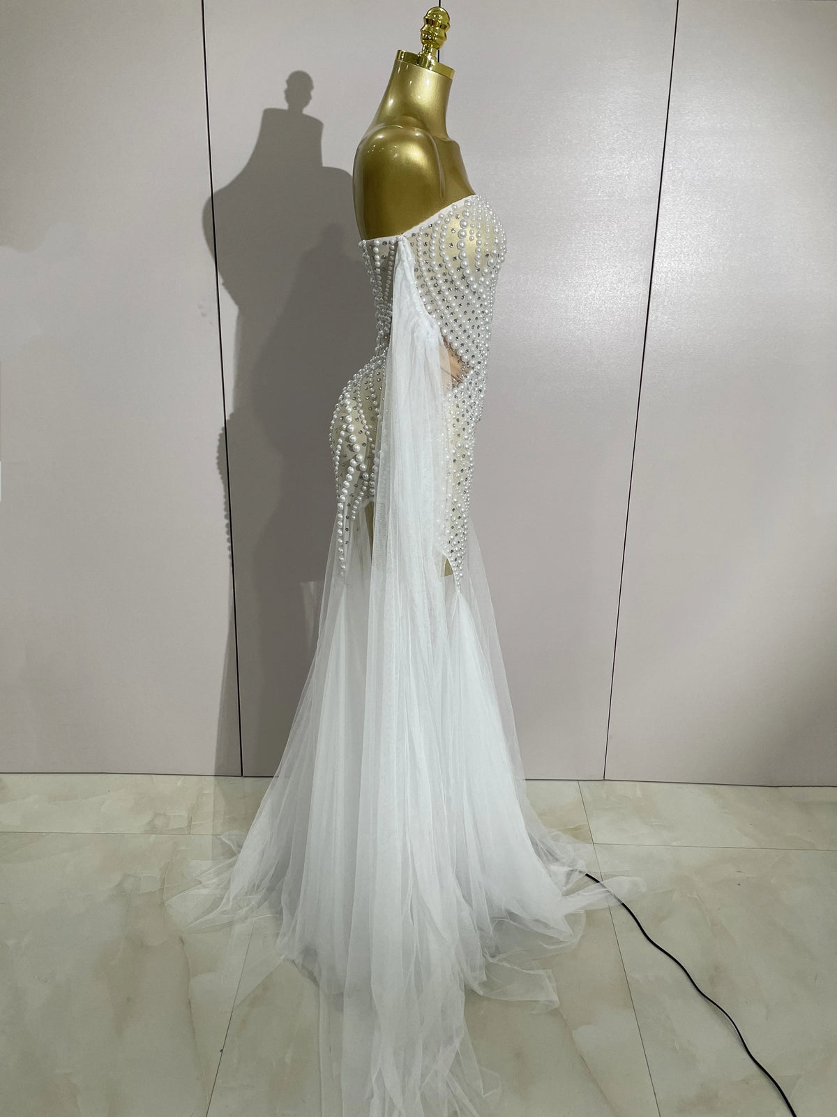 Elegant Sparkly Rhinestone White Pearl Sexy Strapless Mesh Long Dress Wedding Guest Gowns Luxury Birthday Evening Party Dress