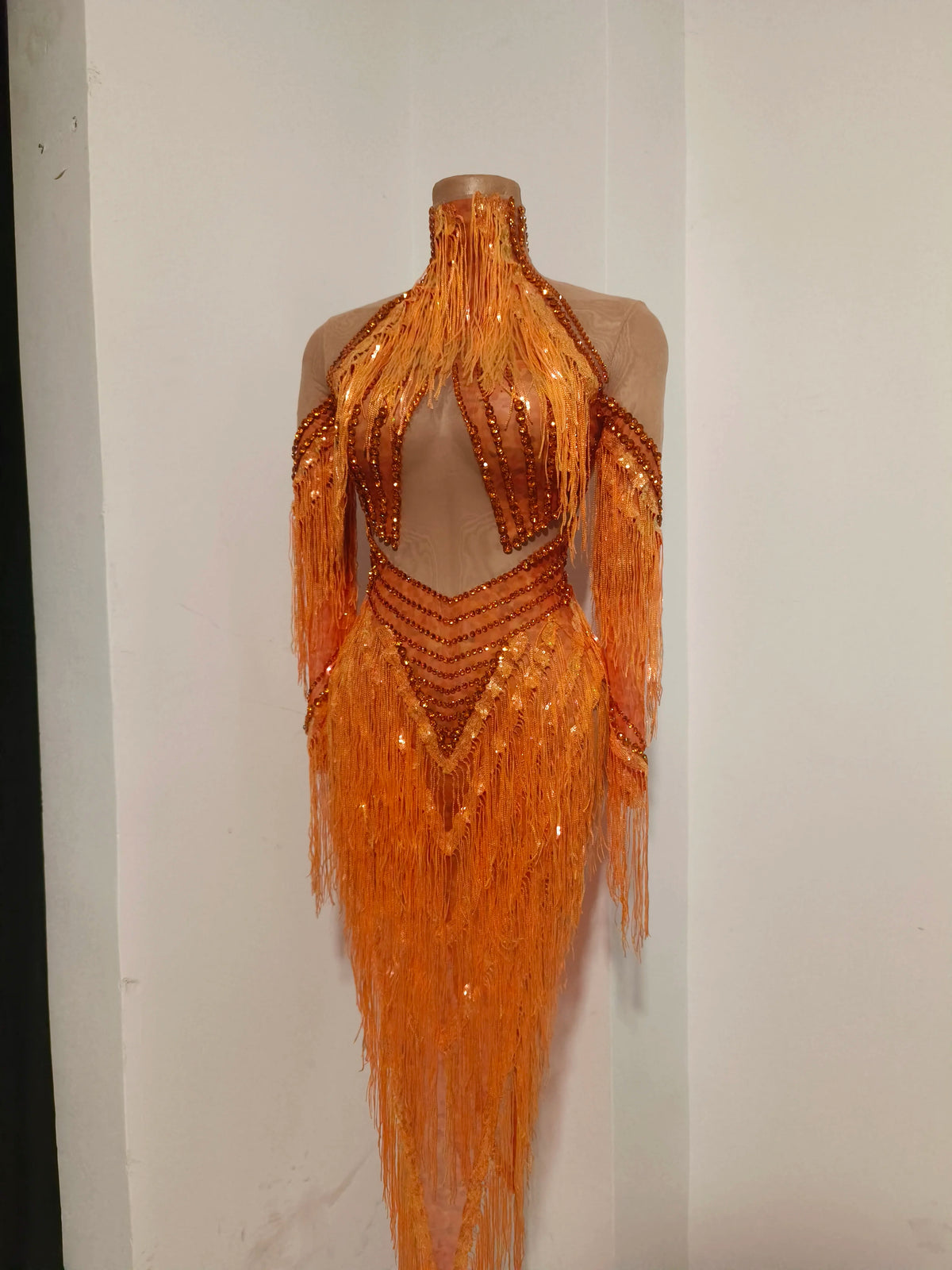 Sparkly Diamond Orange Tassel Long Sleeves Mesh Transparent Dress Women Latin Dance Outfits Bar Nightclub Party Club Stage Wear