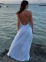 BKQU Spaghetti Strap Blue Pleated Long Dress Women Sexy V Neck Cross Backless Loose A-line Beach Party Elegant Ladies Robe 2025