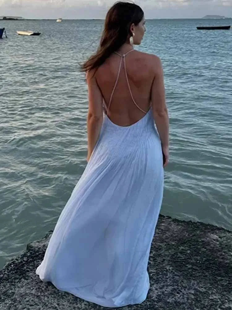 BKQU Spaghetti Strap Blue Pleated Long Dress Women Sexy V Neck Cross Backless Loose A-line Beach Party Elegant Ladies Robe 2025