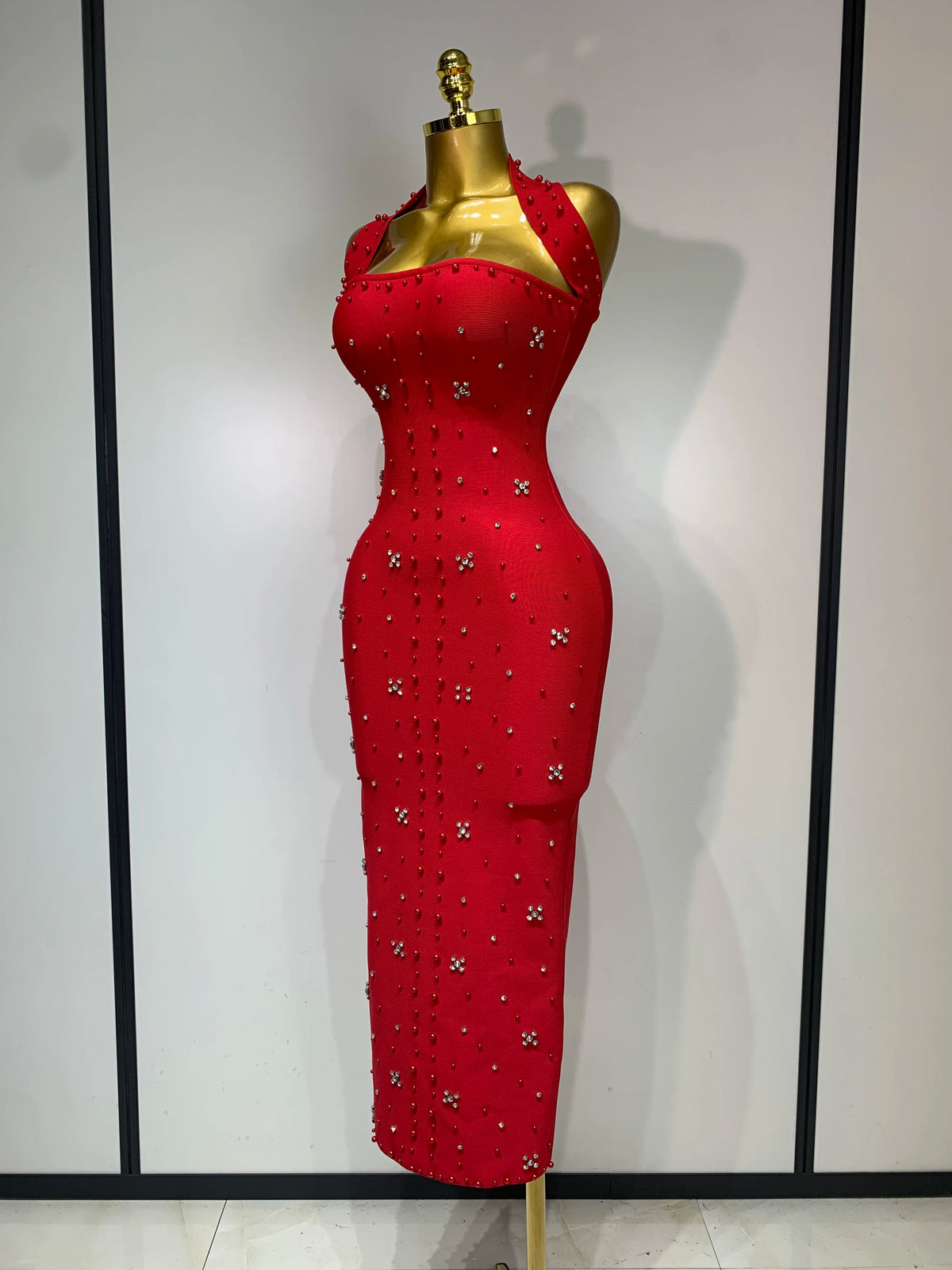 Women Sexy Halter Backless Shiny Rhinestone Pearl Bodycon Bandage Dress Celebirty Elegant Evening Party Luxury Birthday Dress