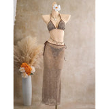 women sexy split lace bikini three piece set with long skirt triangle hollow out small chest push up beach vacation swimwear