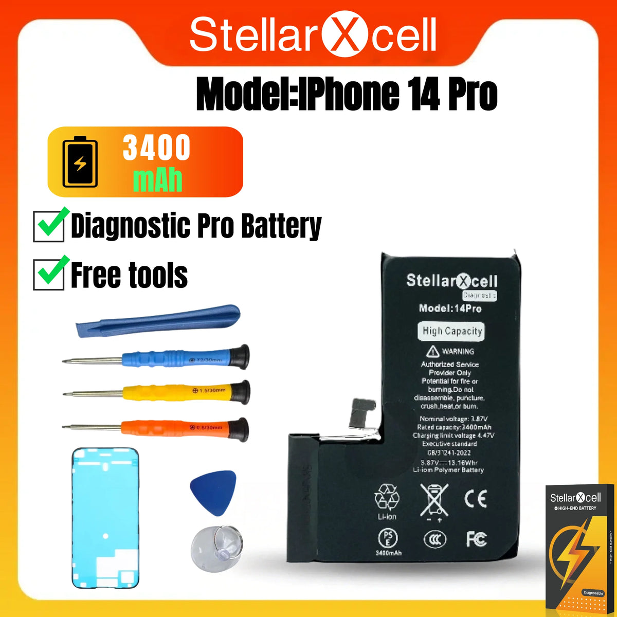 StellarXcell Diagnostic Battery No Unknown Parts No Pop Up Message for iPhone 12mini 13Pro Max 14Plus 15Pro Max With Free Tools