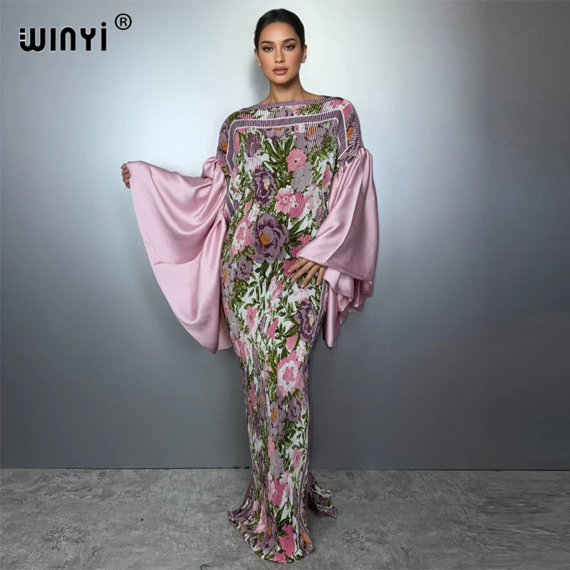 WINYI Bubble Sleeve Pleated Dress Beach Cover Up Kaftan Abaya Dubai Luxury Party Dress Long Down Muslim Woman Evening Dress