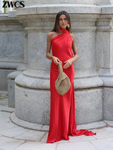 Elegant Satin Ribbons Halter Party Dress Women's Sexy Backless Off Shoulder Sleeveless Robes 2026 Summer New Lady Evening Gowns
