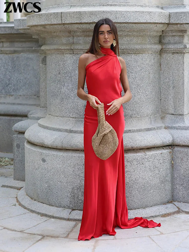 Elegant Satin Ribbons Halter Party Dress Women's Sexy Backless Off Shoulder Sleeveless Robes 2026 Summer New Lady Evening Gowns