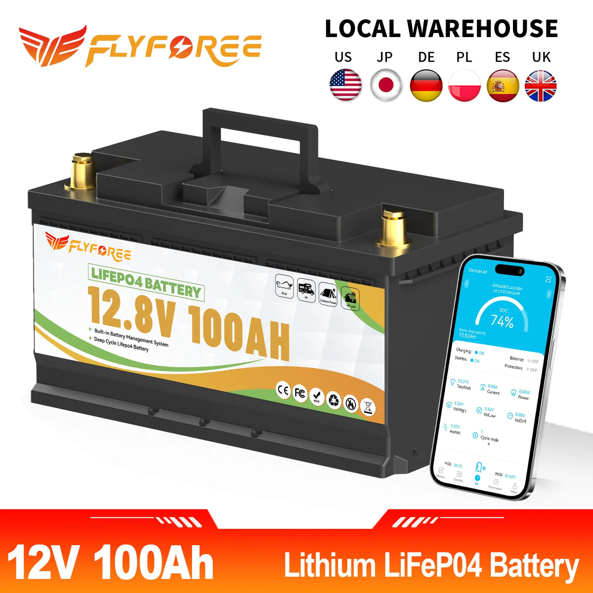 FLLYROWTH 12V 100Ah LiFePo4 Lithium Battery Pack With Bluetooth 100A BMS For RV Boat Motor Inverter Solar Wind Off-Road Off-grid LiFePO4 Batter
