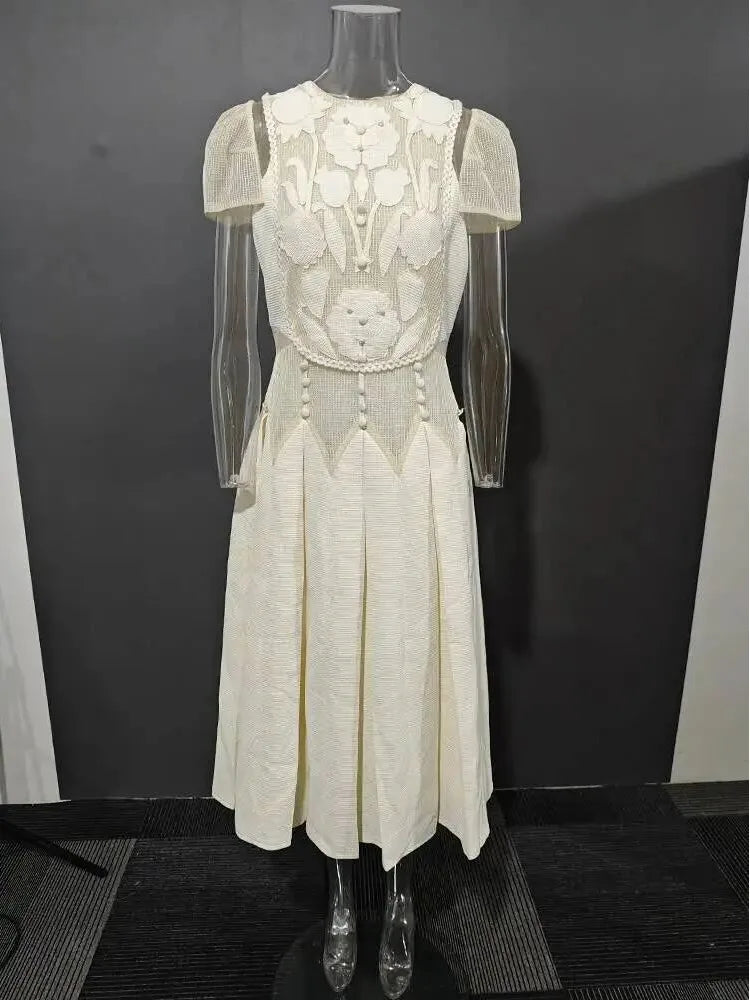 DEAT Elegant Dress Embossed Hollowed-out Short Sleeved Pleated A-line Women's Evening Party Dresses 2026 Summer New Tide 35Z4328