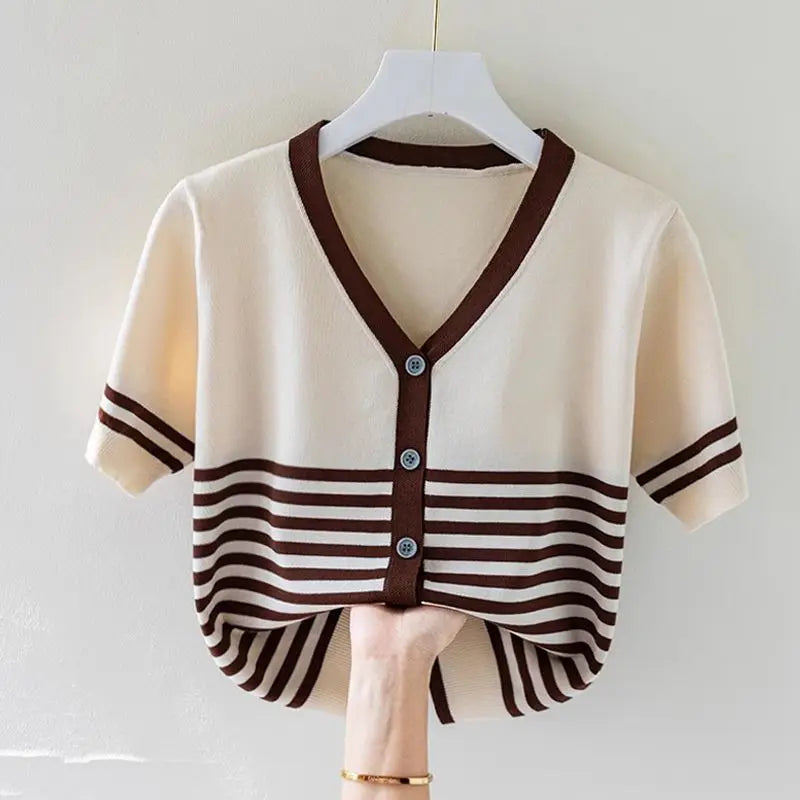 Women Clothing Elegant Fashion Striped Short Sleeve T-shirt Summer Casual Loose All-match Knit Tops Office Lady Thin Pullovers