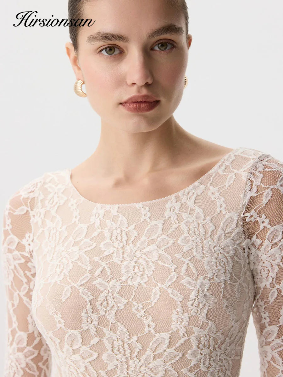 Hirsionsan 2026 Pure Desire Long Sleeved Lace T-shirt for Women in Spring, Slim Fit, Waist Cinching, and Bottom Layer Shirt