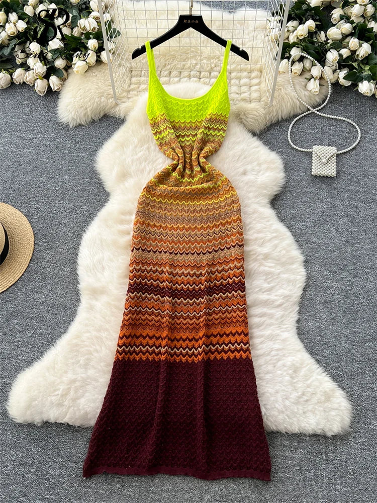 SINGREINY Korean Chic Beachwear Dress Spaghetti Strap Sleeveless Gradient Design 2025 Summer Women Vacation Knitting Long Dress