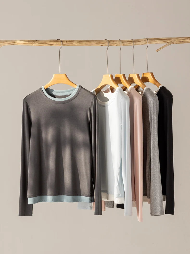SuyaDream Women Cozy T Shirts, Silk Viscose Blend, Plain O Neck Long Sleeved Tee, 2025 Spring Autumn Basic Top, Black, Grey