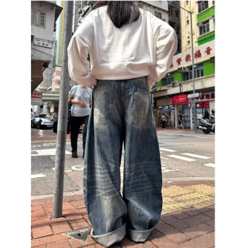 Women's Blue Y2k Oversize Jeans Harajuku Vintage Wide Leg Denim Trousers American Retro 2000s Style Boyfriend Jeans Pants Autumn