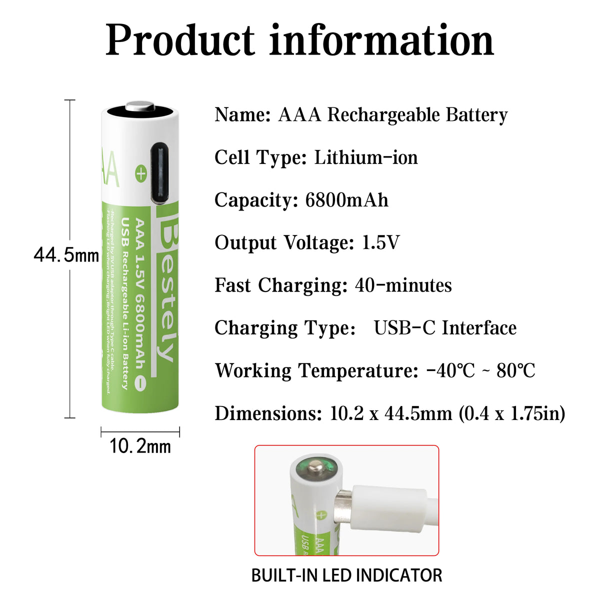 Bestely 1.5V/AAA 6800mAh High Capacity Rechargeable Lithium Batteries Type-C /USB AAA Li-ion Battery 2000 Times/Cycle with Cable
