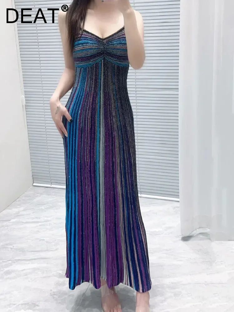 DEAT Fashionable A-Line High-Waist Color Striped Pleated Slimming Camisole Dress 2026 Autumn Women's Party Dresses New