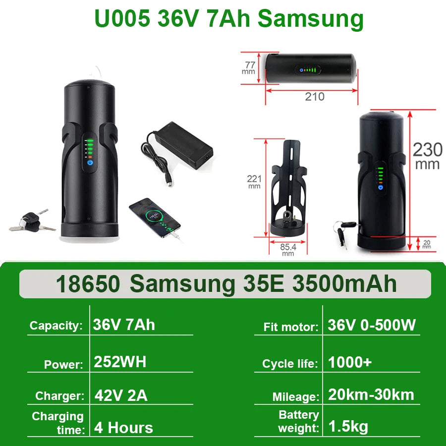 Mini Bottle EBike Battery 36V 10.5Ah 9Ah 48V 7Ah San-yo 18650 Li-ion Battery Pack for Bafang TSDZ2 250W 350W 500W Motor