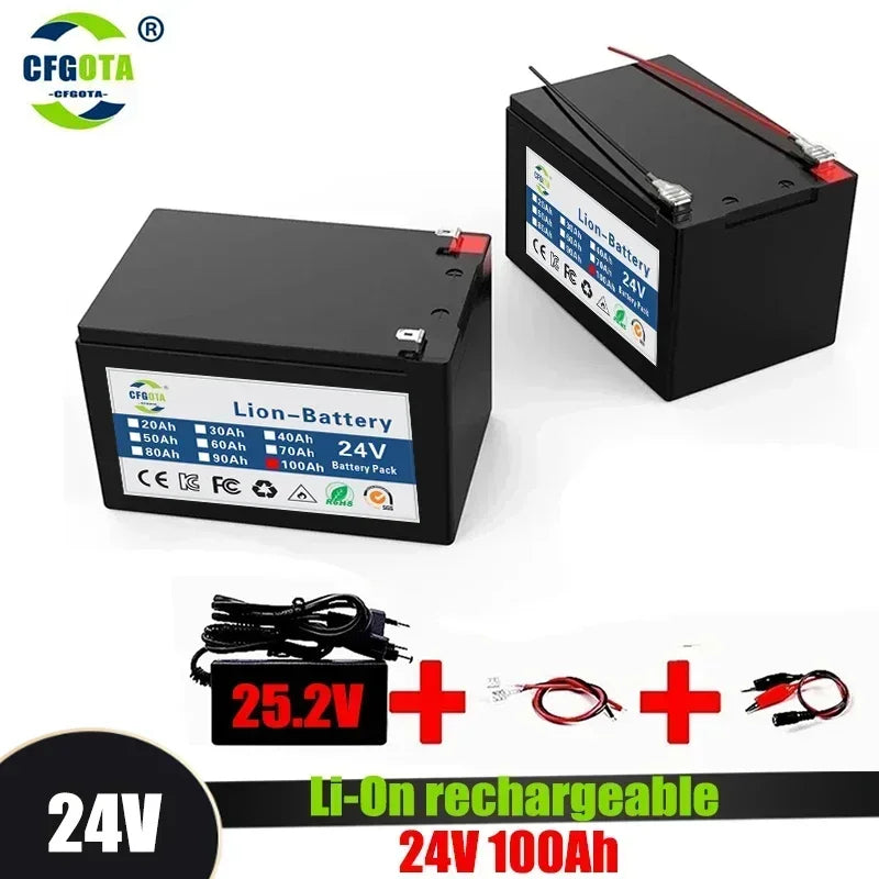 New 18650 24V 100Ah Lithium Ion Battery Pack,for Electric Vehicle Solar Storage Replacement Rechargeable Battery + Charger