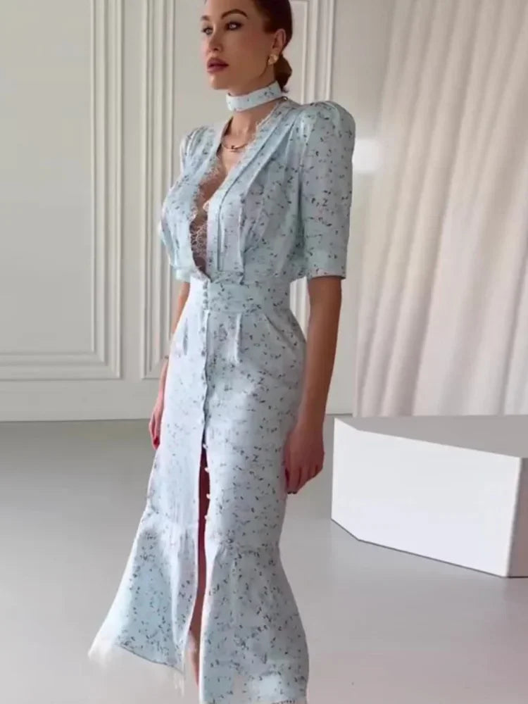 Deep V Neck Lace Trimmed Printed Dress Women Light Blue Tie Front Button Up Short Sleeve Robe Summer Lady Party Dresses 2026