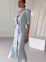 Deep V Neck Lace Trimmed Printed Dress Women Light Blue Tie Front Button Up Short Sleeve Robe Summer Lady Party Dresses 2026