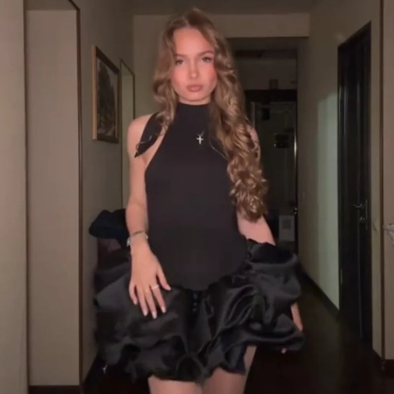 Elegant Solid Color Halter Neck Backless Mini Dress Sweet Trim Tiered Ruffle Bubble Hem Skirt Women Evening Party Club Prom Wear