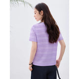 VIMLY Women's Office Short Sleeve T-Shirt 2026 Summer Tee Minimalist Textured Lace Stripe Patch Loose Casual Crew Neck Top A1832
