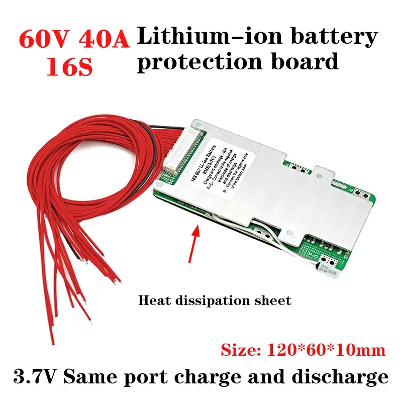 16S 60V 40A Lithium Polymer Battery Protection Board 3.7V Same Port PCM PCB DIY 60V Scooter Li-ion Battery Pack BMS with Balance