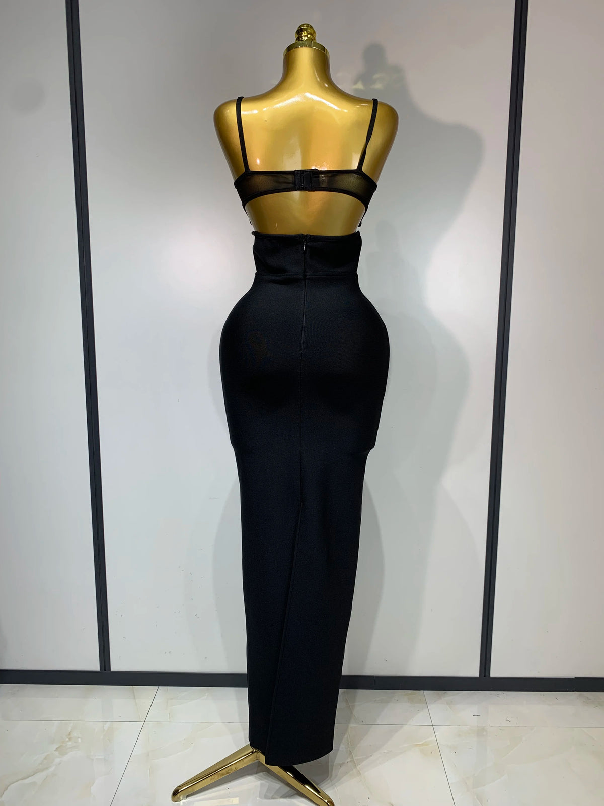 Fashion Black Spaghetti Strap Maxi Long Bandage Dress Mesh Cut Out Elegant Celebirty Bodycon Evening Club Party Birthday Dresses