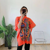 LANMREM Pleated Turtleneck Short Sleeves Women's Printing Long T-shirt Loose Casual Shawl Top Summer New Female Fashion 2DB8242