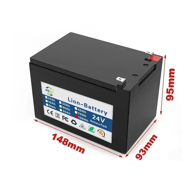 New 18650 24V 100Ah Lithium Ion Battery Pack,for Electric Vehicle Solar Storage Replacement Rechargeable Battery + Charger