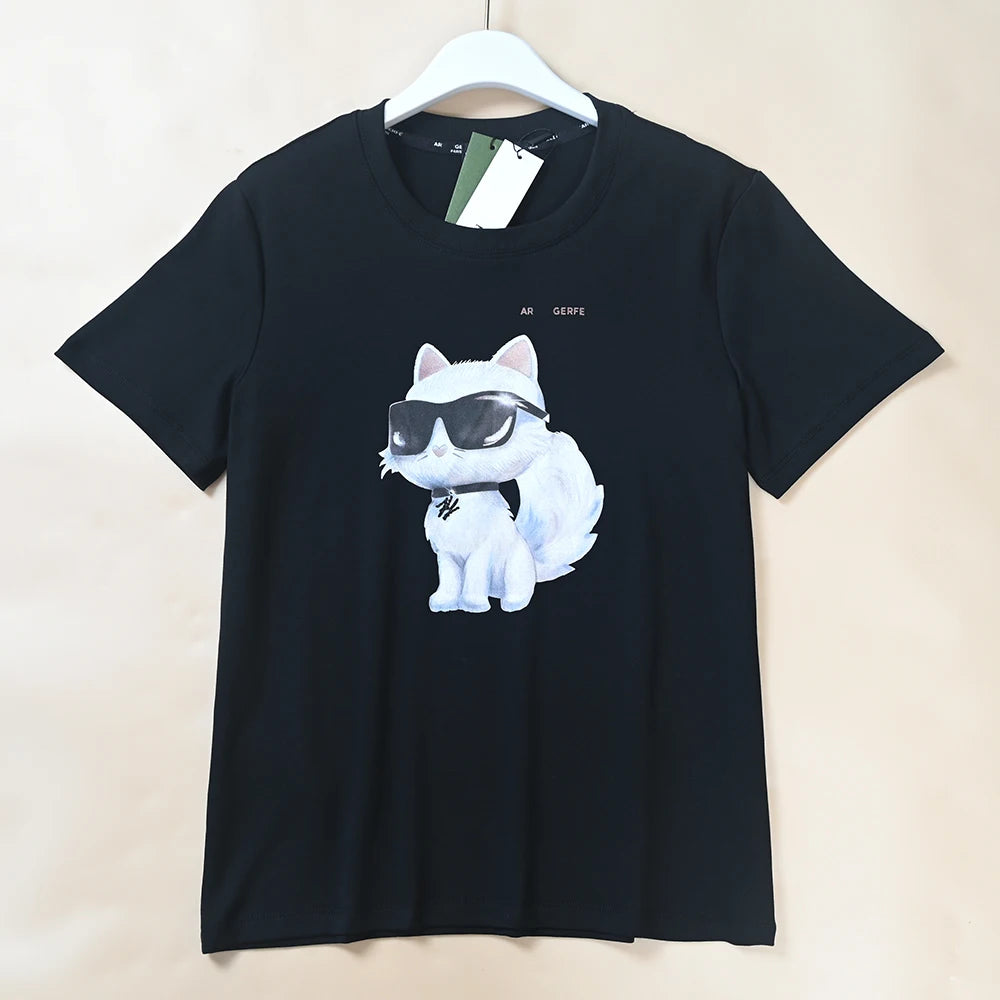 Summer New Women's Cotton Heat Transfer Letter Cartoon Pattern round Neck Short Sleeve T-Shirt Casual Slim Fit K Brand T-shirt