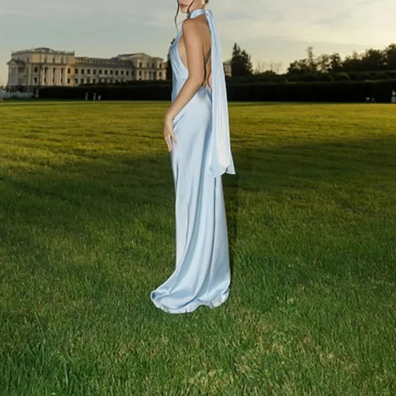 Sexy Halter Ribbon Backless Long Dresses Woman Spring Solid Satin Tight Gowns Evening Dress Summer Sleeveless Hollow Boho Dress