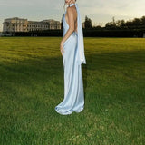Sexy Halter Ribbon Backless Long Dresses Woman Spring Solid Satin Tight Gowns Evening Dress Summer Sleeveless Hollow Boho Dress