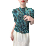 Miyake Style Handmade Pleated Top for Women 2025 Summer New Comfortable Casual Slit Loose Round Neck Short-sleeved T-shir Woment